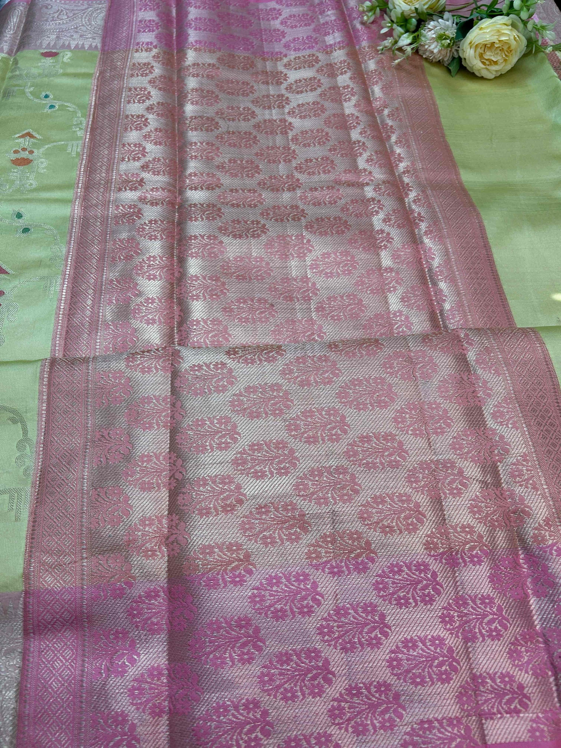 Pastel green with pink boarder katan banarasi silk saree Niaura