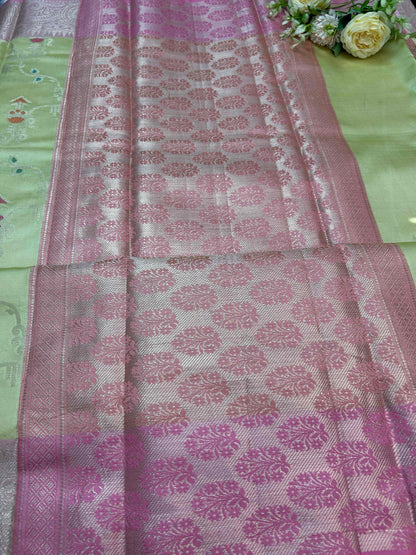 Pastel green with pink boarder katan banarasi silk saree Niaura
