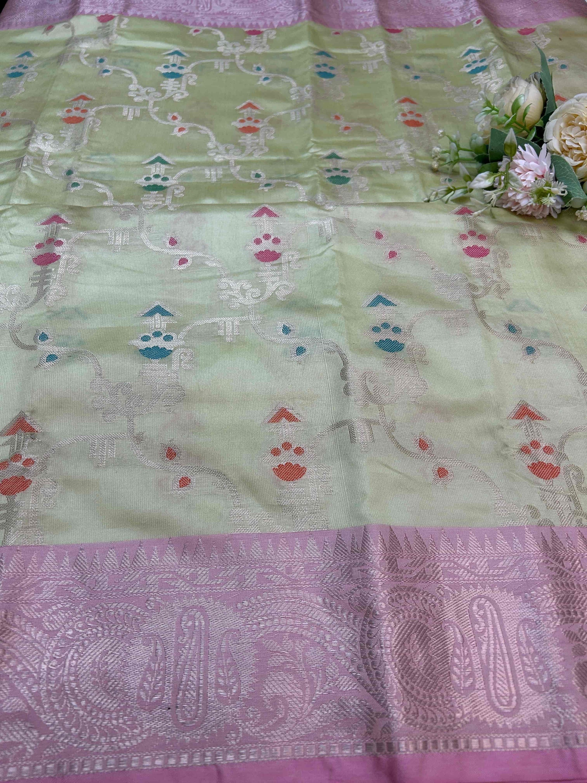 Pastel green with pink boarder katan banarasi silk saree Niaura