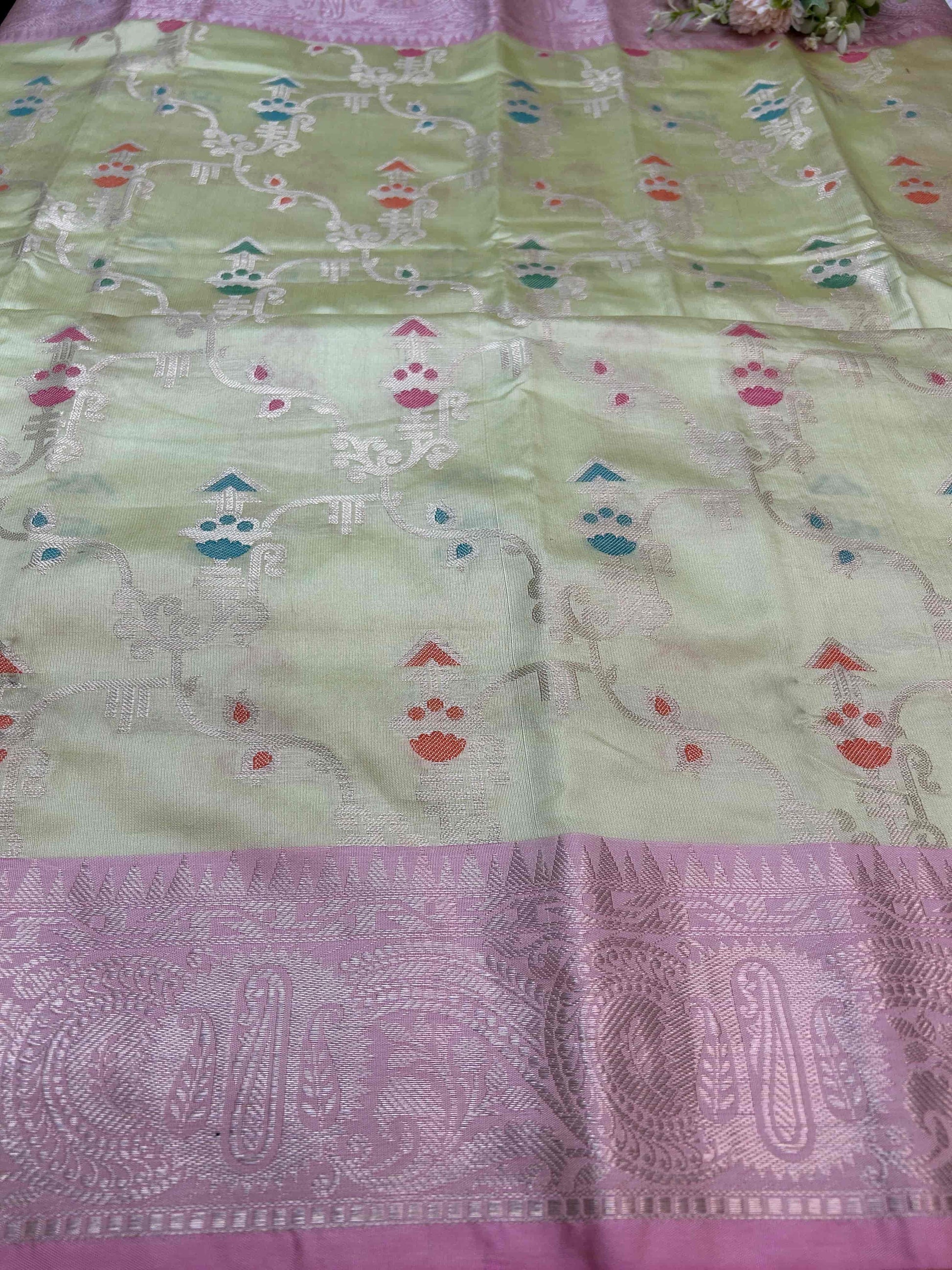 Pastel green with pink boarder katan banarasi silk saree Niaura