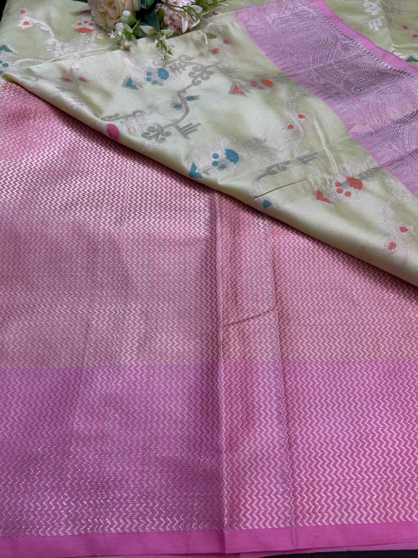 Pastel green with pink boarder katan banarasi silk saree Niaura