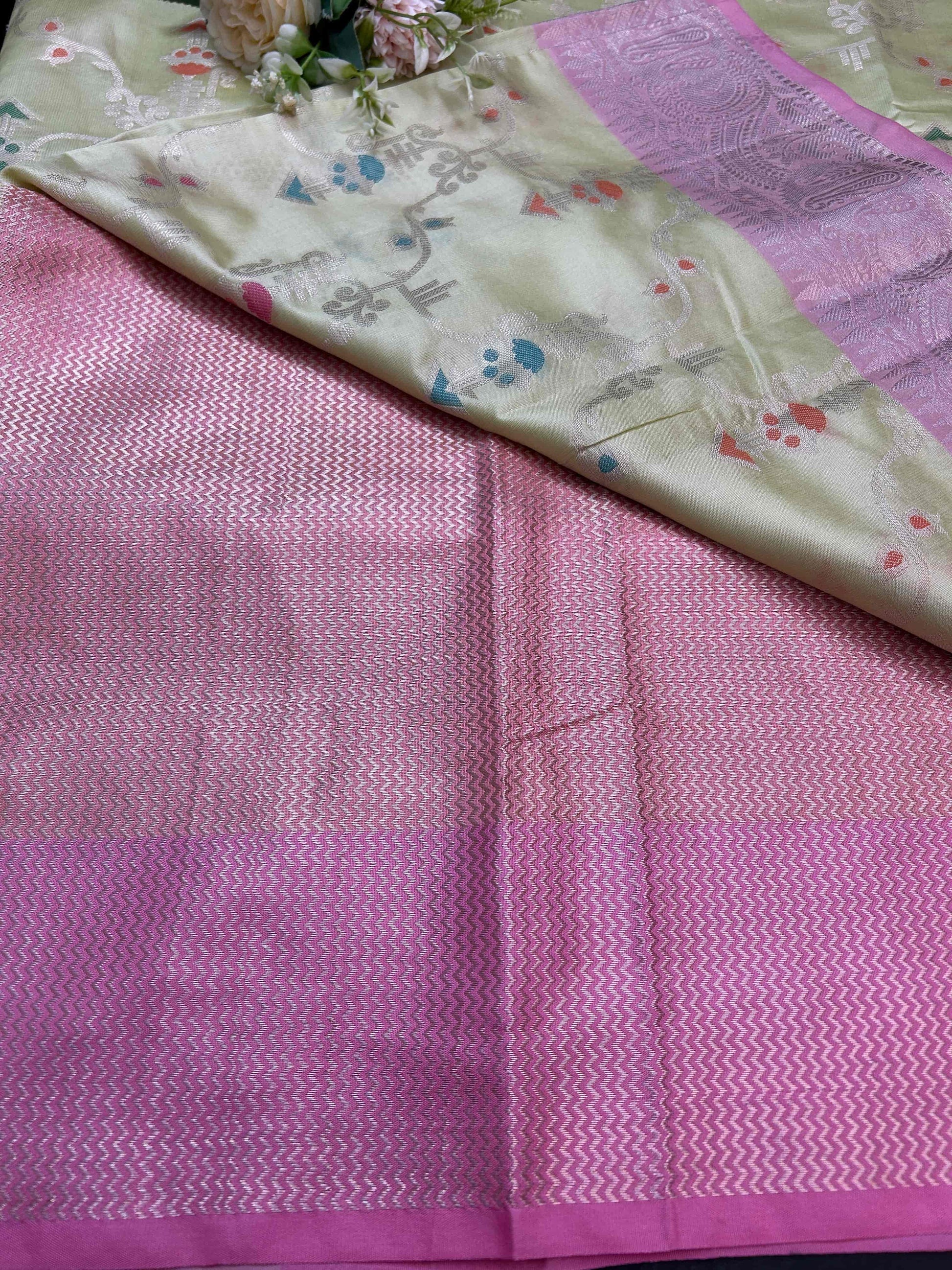 Pastel green with pink boarder katan banarasi silk saree Niaura
