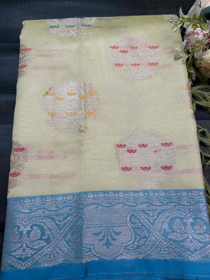 Pastel green with blue boarder katan banarasi silk saree Niaura