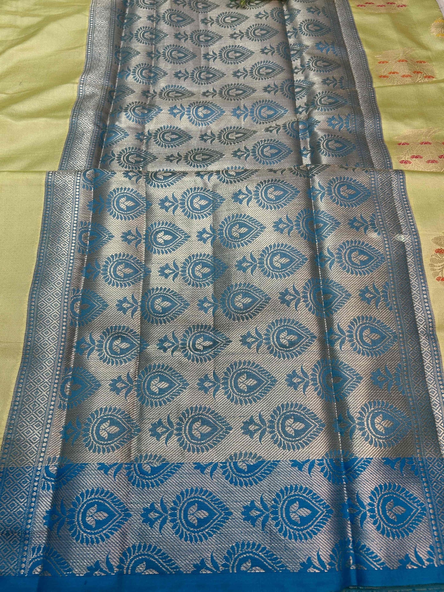 Pastel green with blue boarder katan banarasi silk saree Niaura