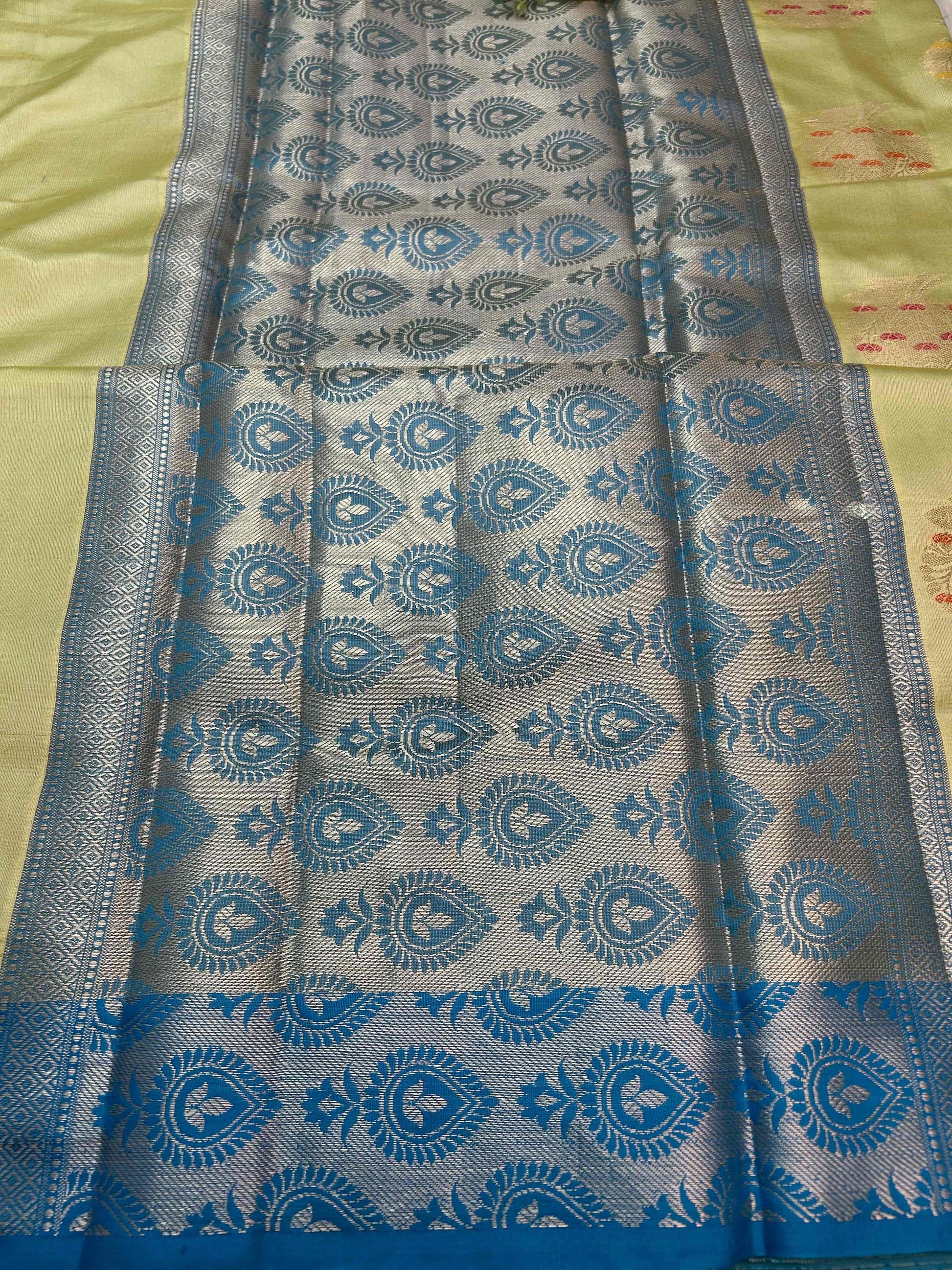 Pastel green with blue boarder katan banarasi silk saree Niaura