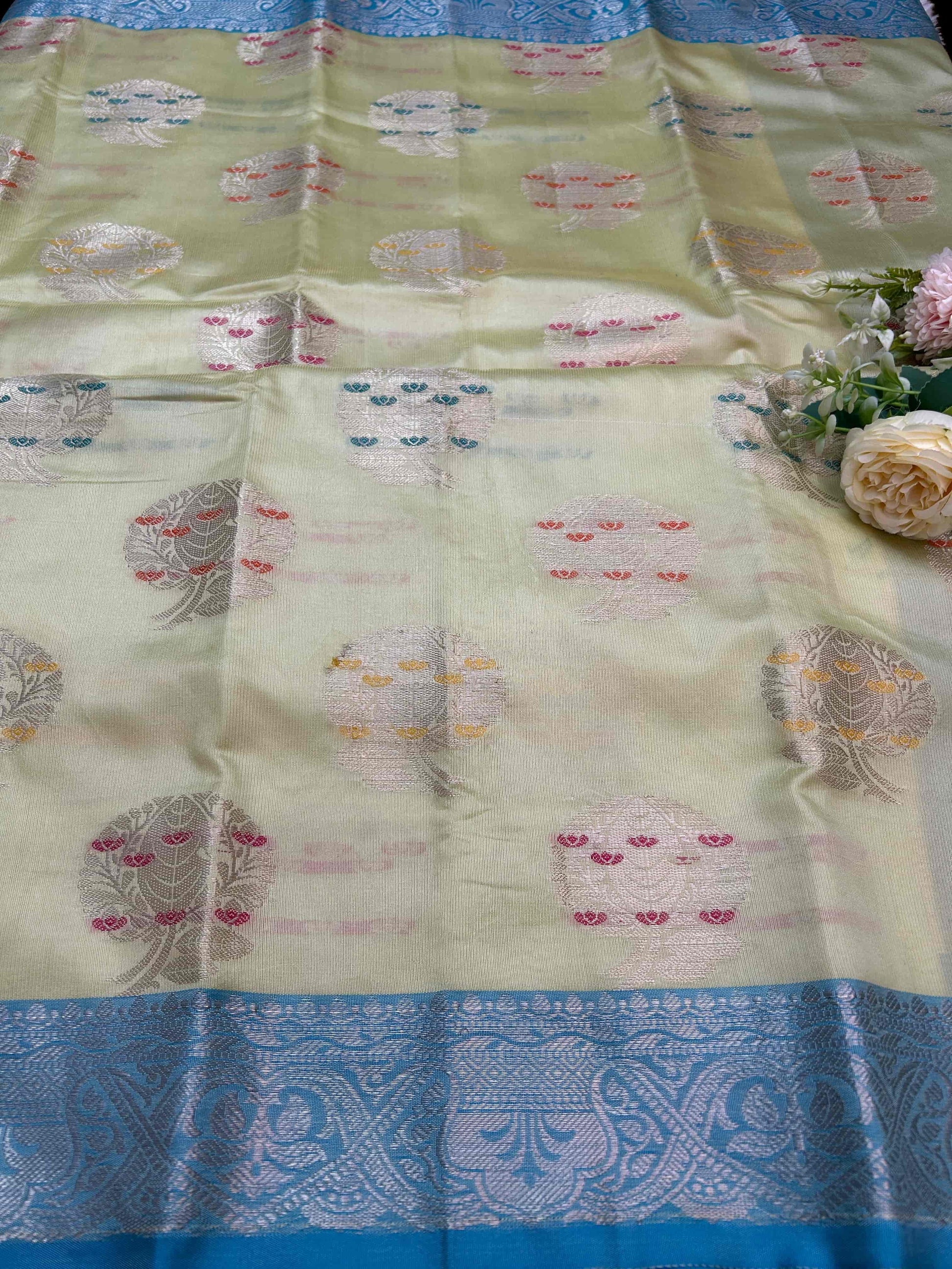 Pastel green with blue boarder katan banarasi silk saree Niaura