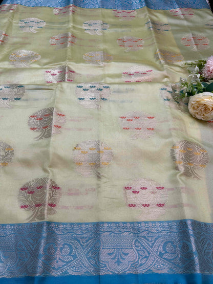 Pastel green with blue boarder katan banarasi silk saree Niaura