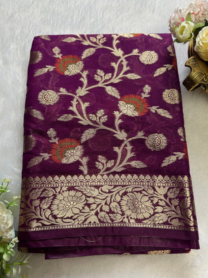 Purple jaal meenakari work georgette banarasi silk saree Niaura