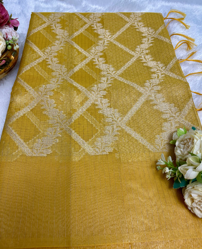 Yellow silver zari kota tissue banarasi silk saree Niaura