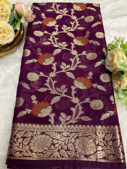 Purple jaal meenakari work georgette banarasi silk saree Niaura