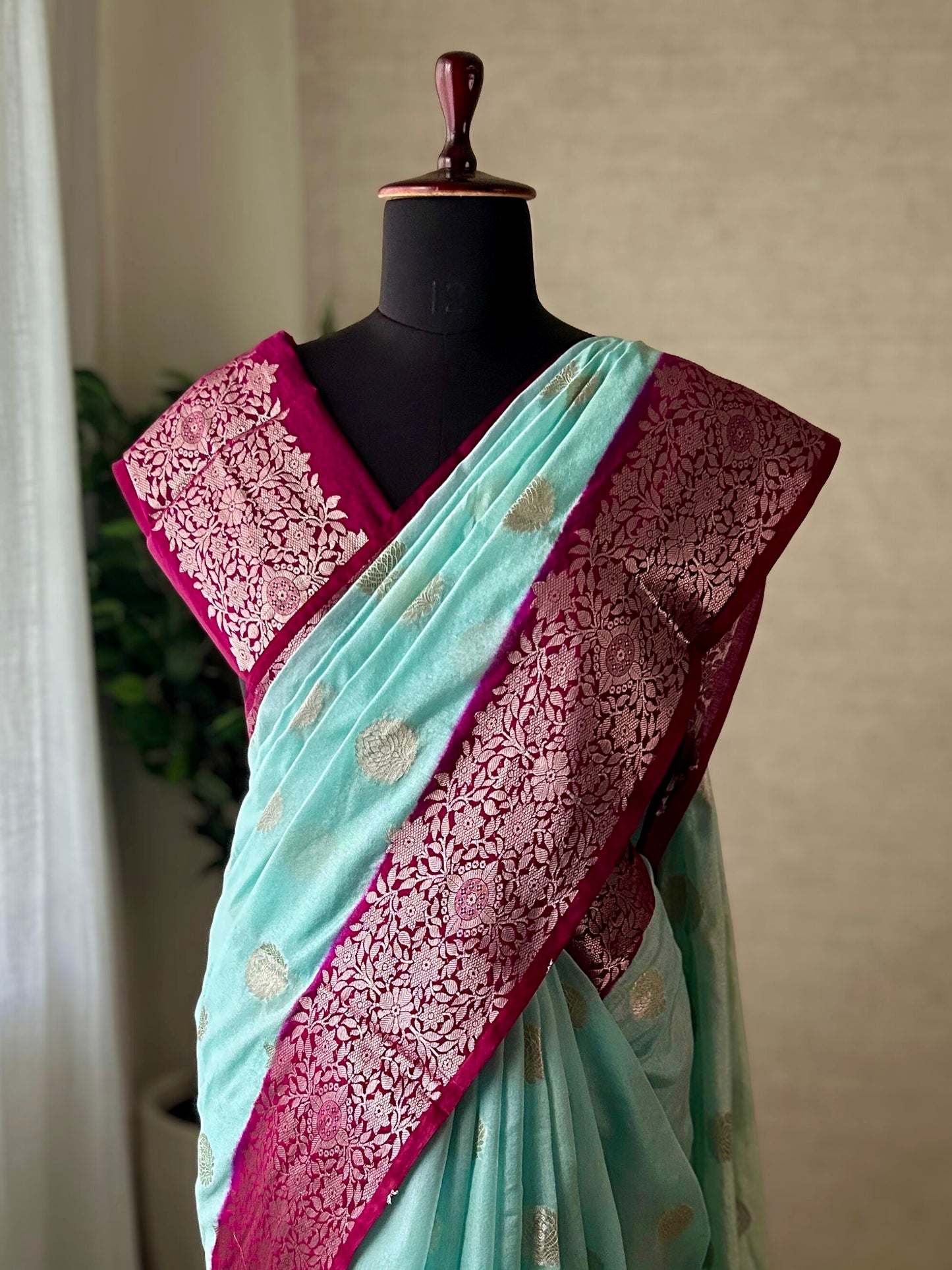 Blue Banarasi saree front drape purple border