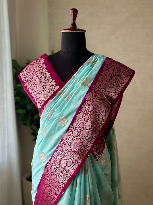 Blue Banarasi saree front drape purple border