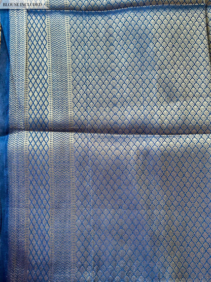 Brocade blouse piece included with blue Katan silk Banarasi saree