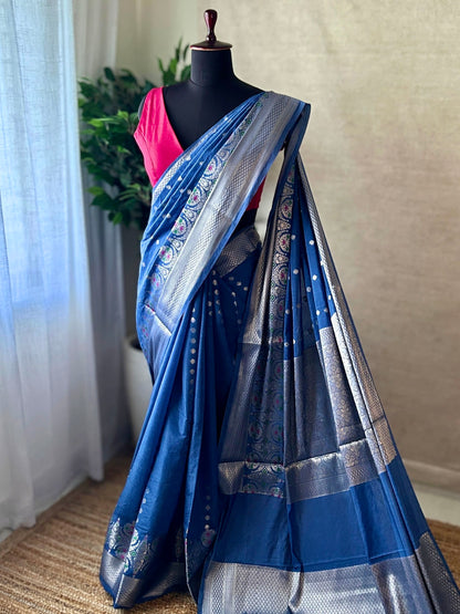 Full drape of blue Katan silk Banarasi saree with rich woven pallu