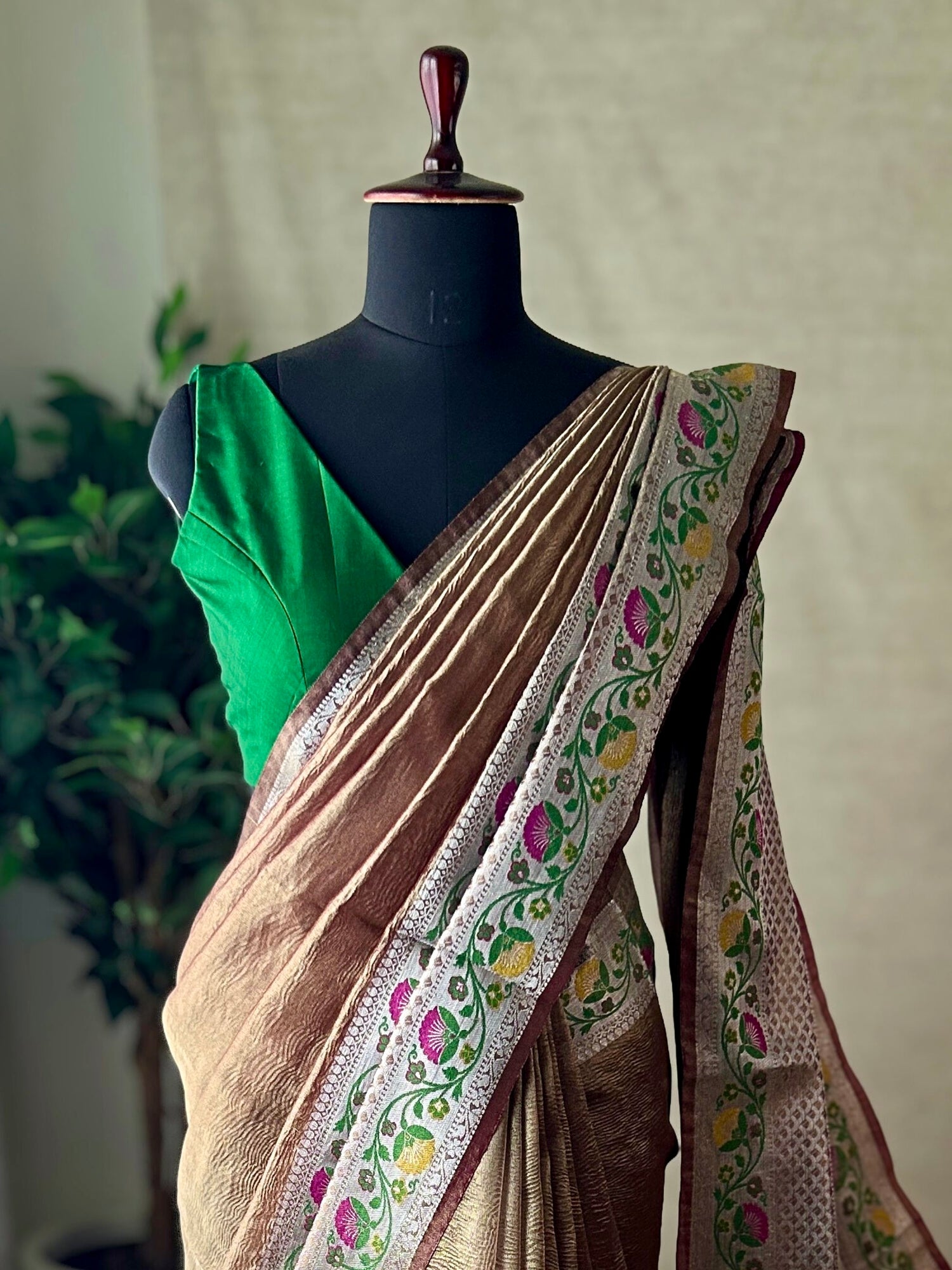 bronze crushed tissue Banarasi saree front drape