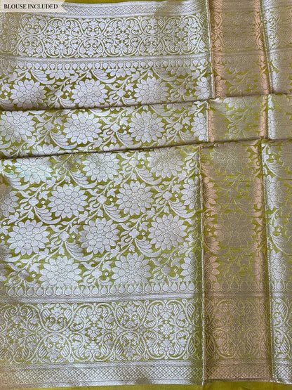 Green Soft Georgette Banarasi Saree Silver Zari Floral Jal