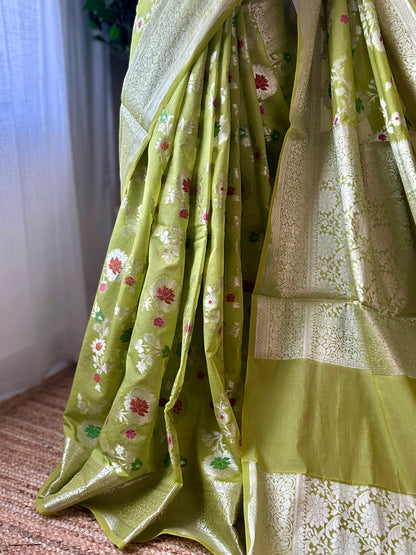 Green Soft Georgette Banarasi Saree Silver Zari Floral Jal