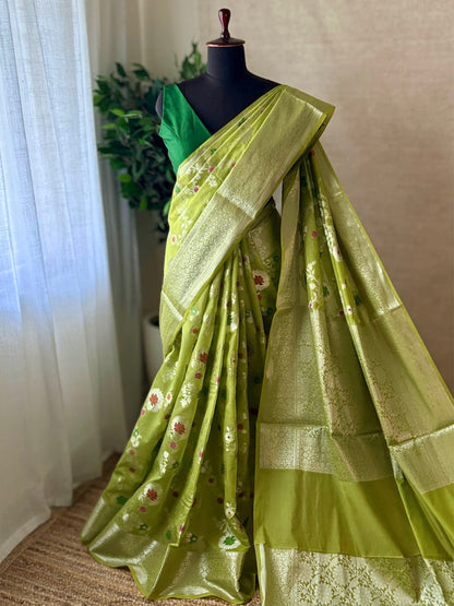 Green Soft Georgette Banarasi Saree Silver Zari Floral Jal