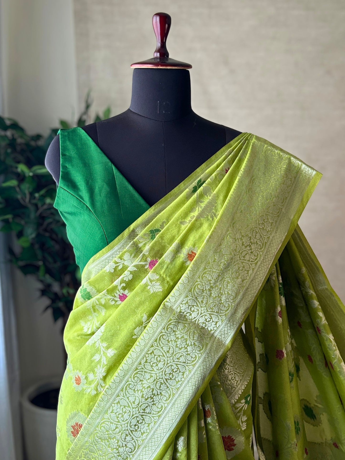 Green Soft Georgette Banarasi Saree Silver Zari Floral Jal