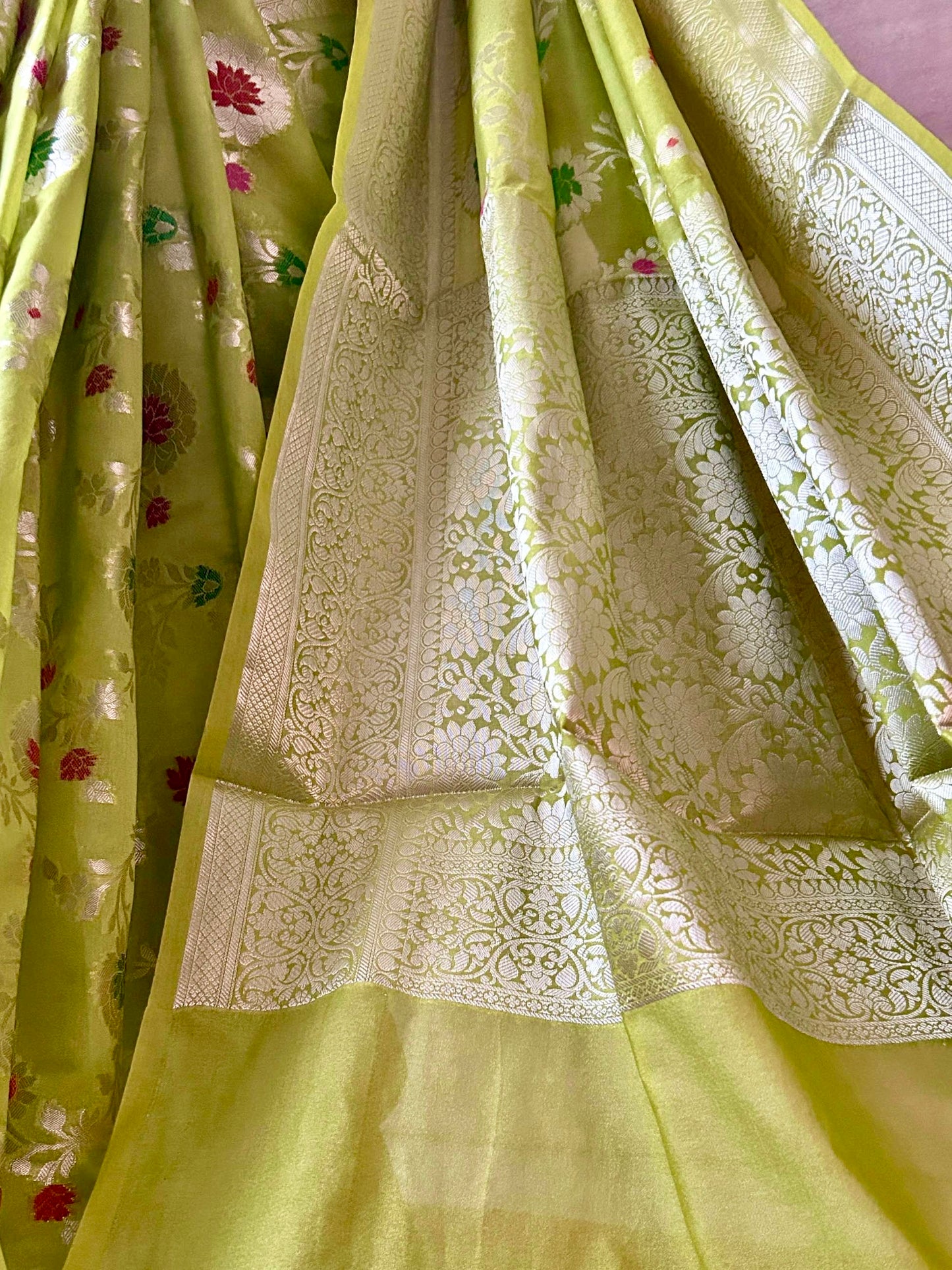 Green Soft Georgette Banarasi Saree Silver Zari Floral Jal