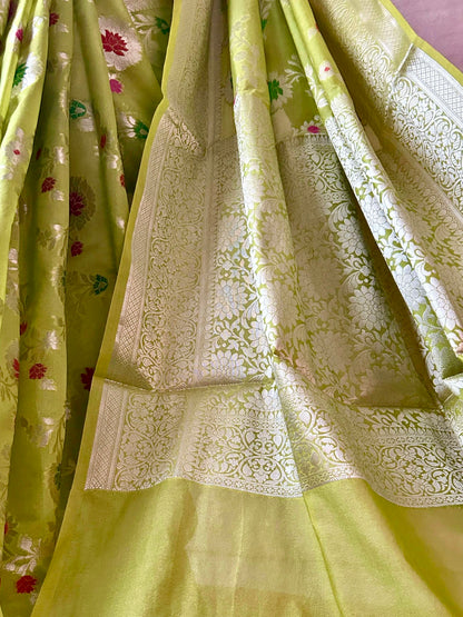 Green Soft Georgette Banarasi Saree Silver Zari Floral Jal