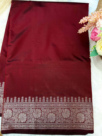 Maroon silver zari katan banarasi silk saree Niaura
