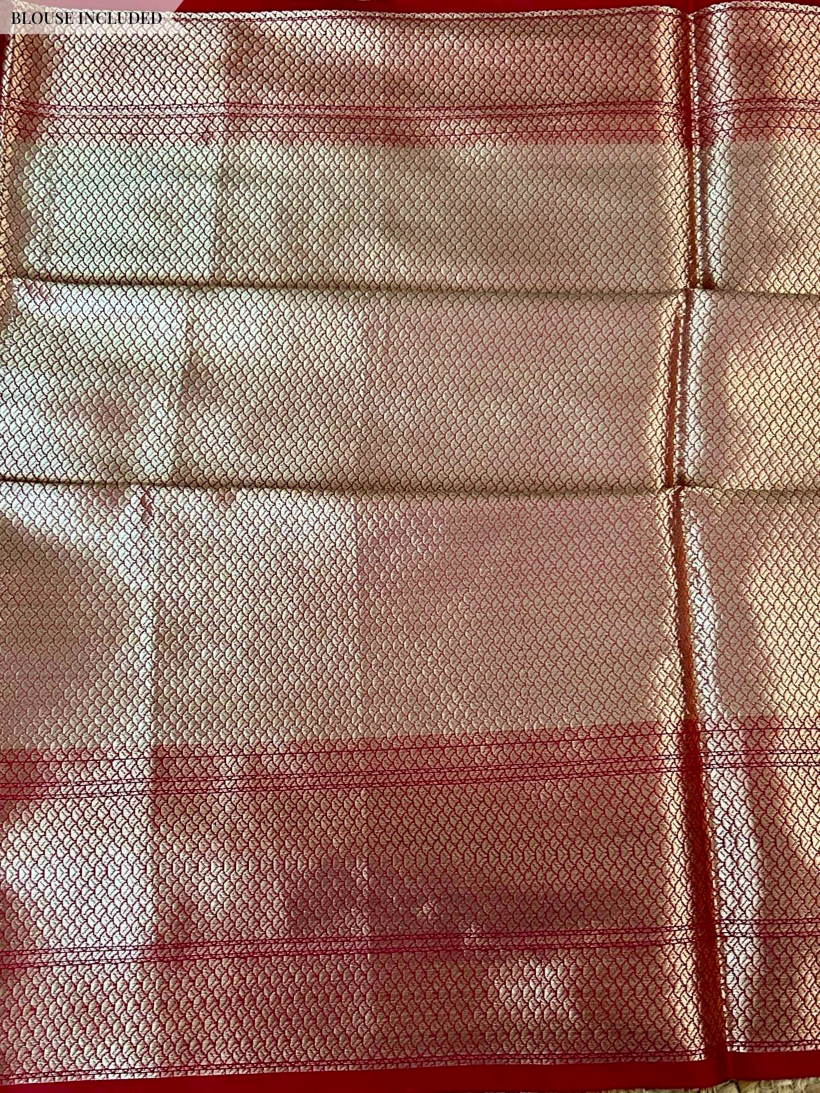 Brocade blouse piece included with orange yellow Banarasi saree