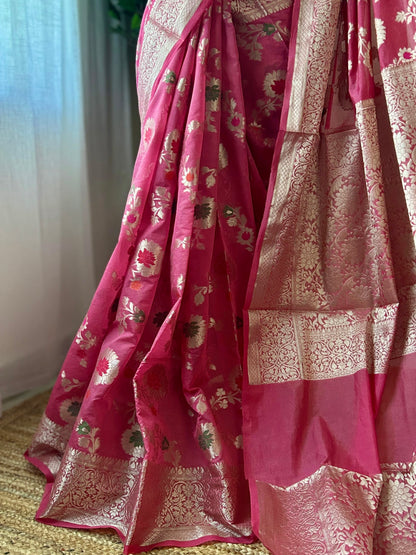 Pink Soft Georgette Banarasi Saree Silver Zari Floral Jal