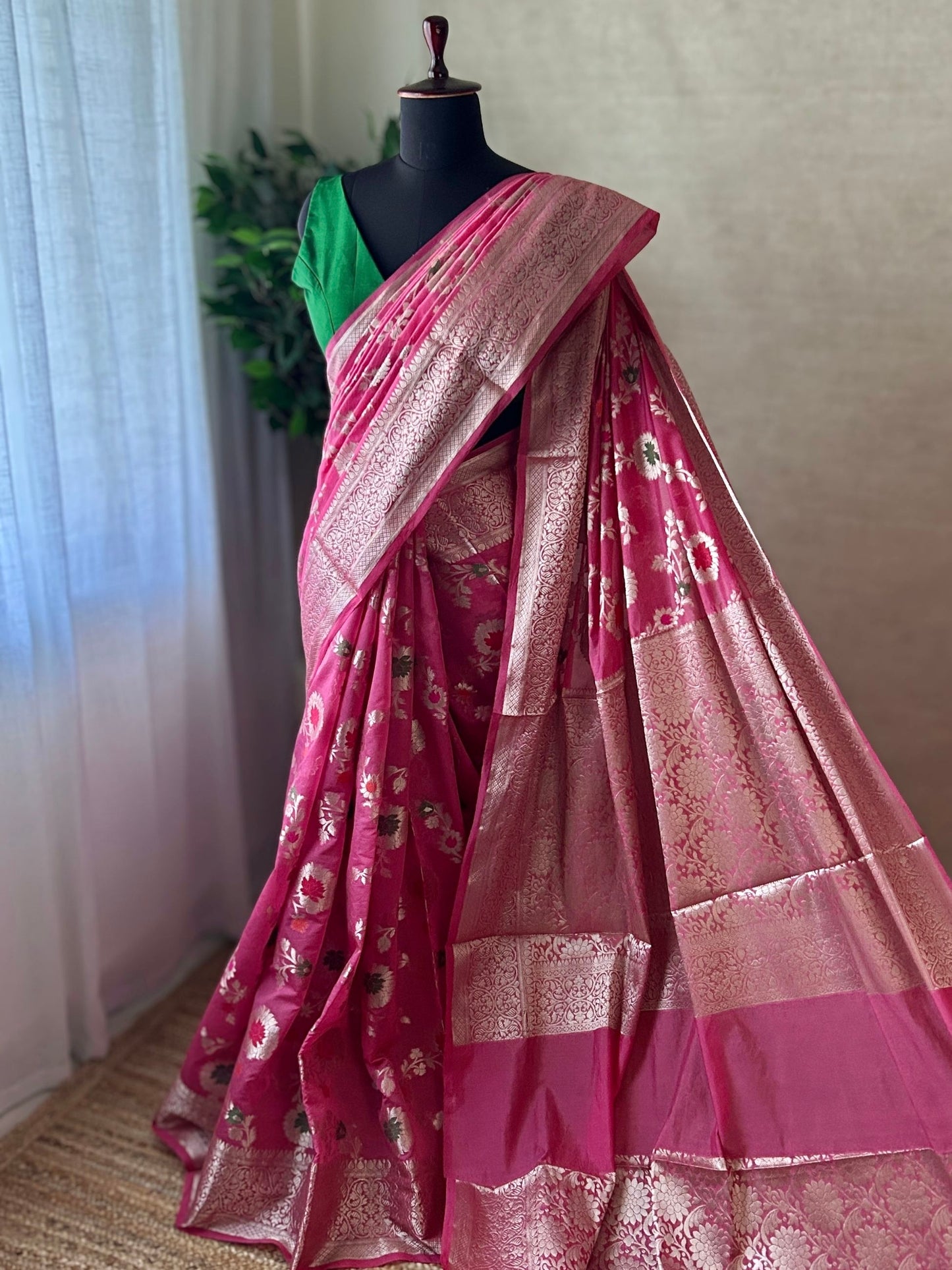 Pink Soft Georgette Banarasi Saree Silver Zari Floral Jal