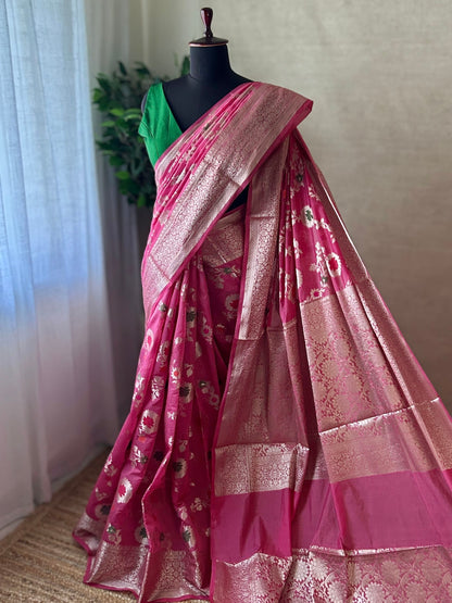 Pink Soft Georgette Banarasi Saree Silver Zari Floral Jal