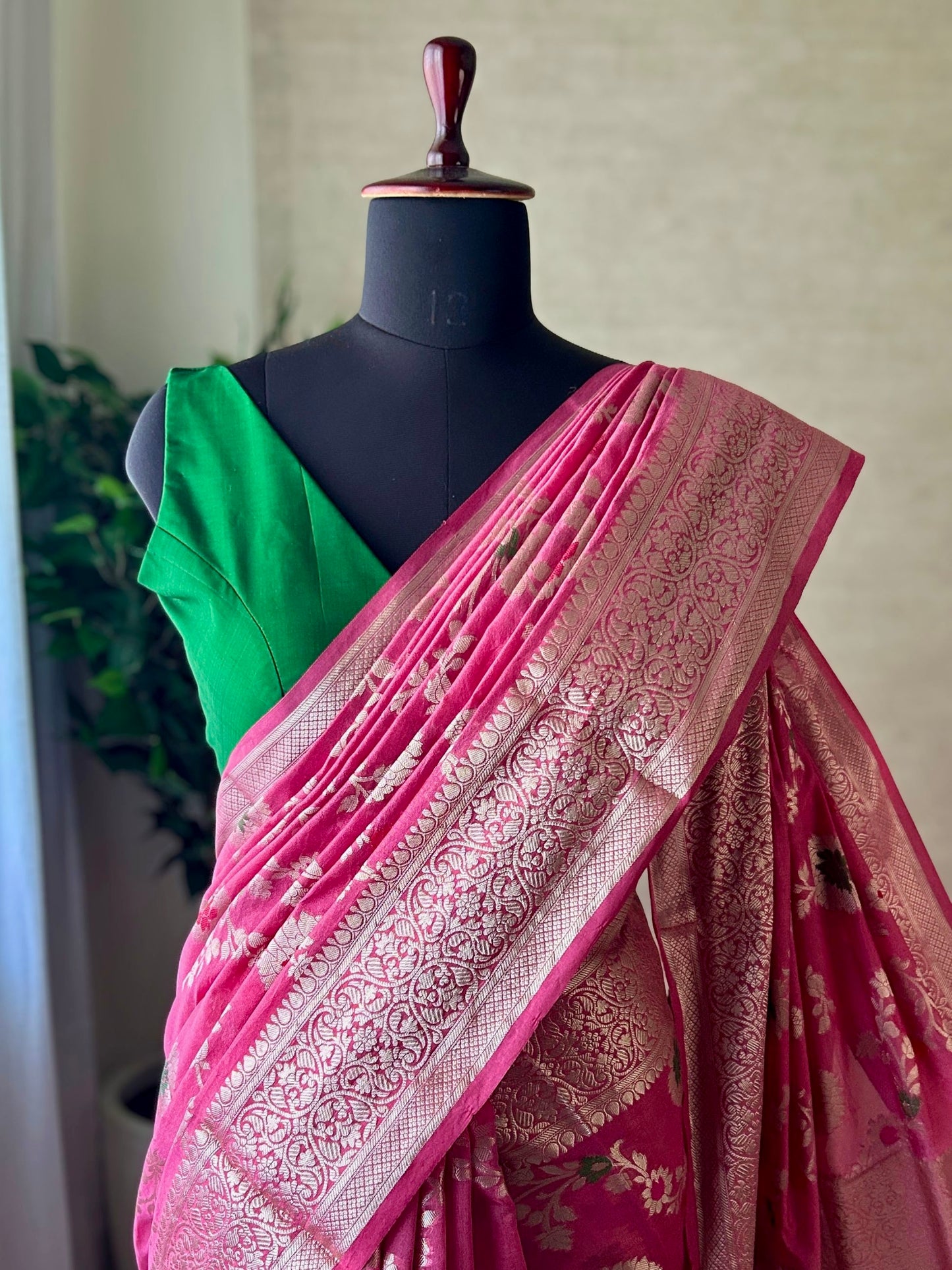 Pink Soft Georgette Banarasi Saree Silver Zari Floral Jal