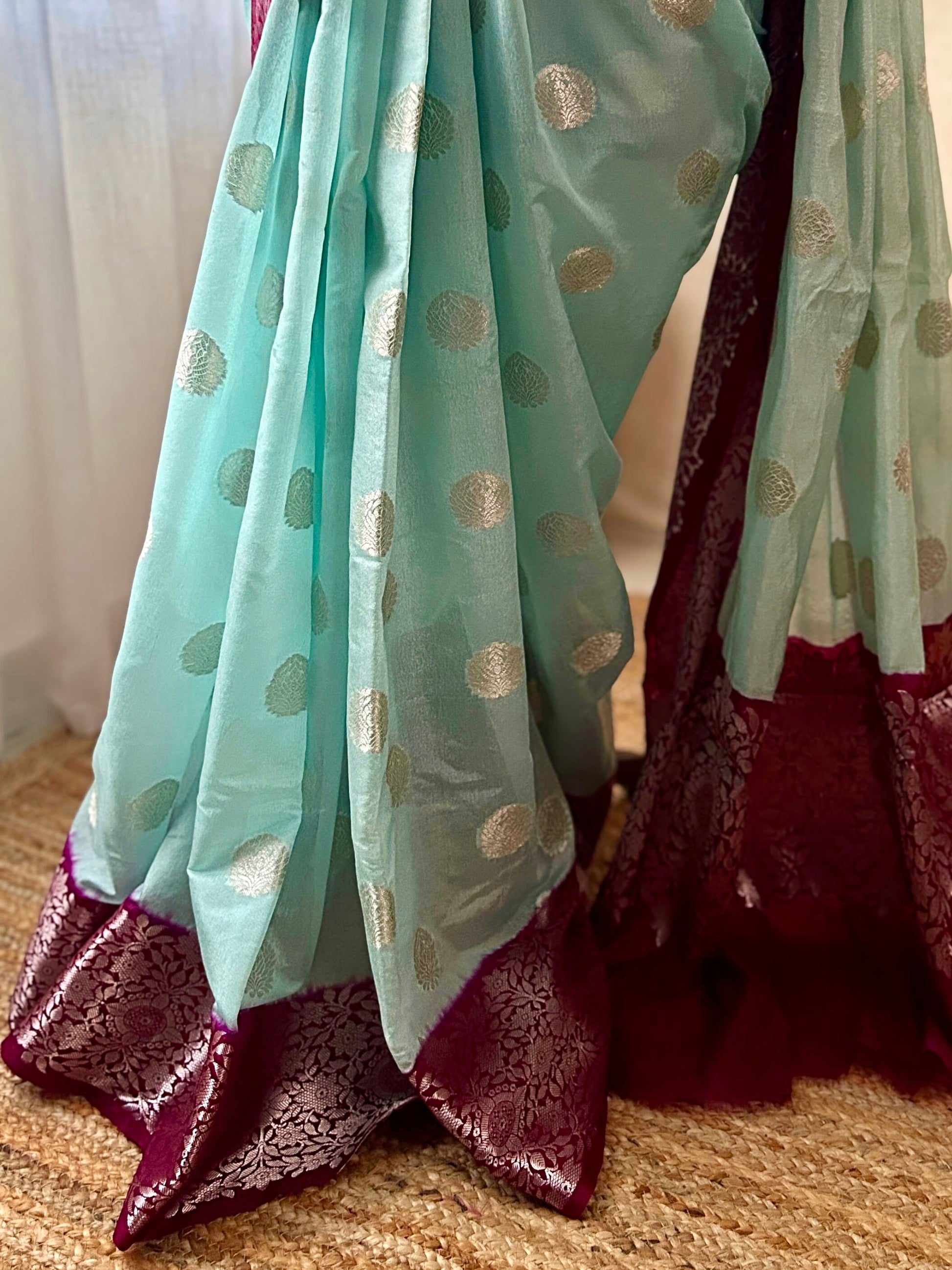 Purple border silver zari Banarasi close up