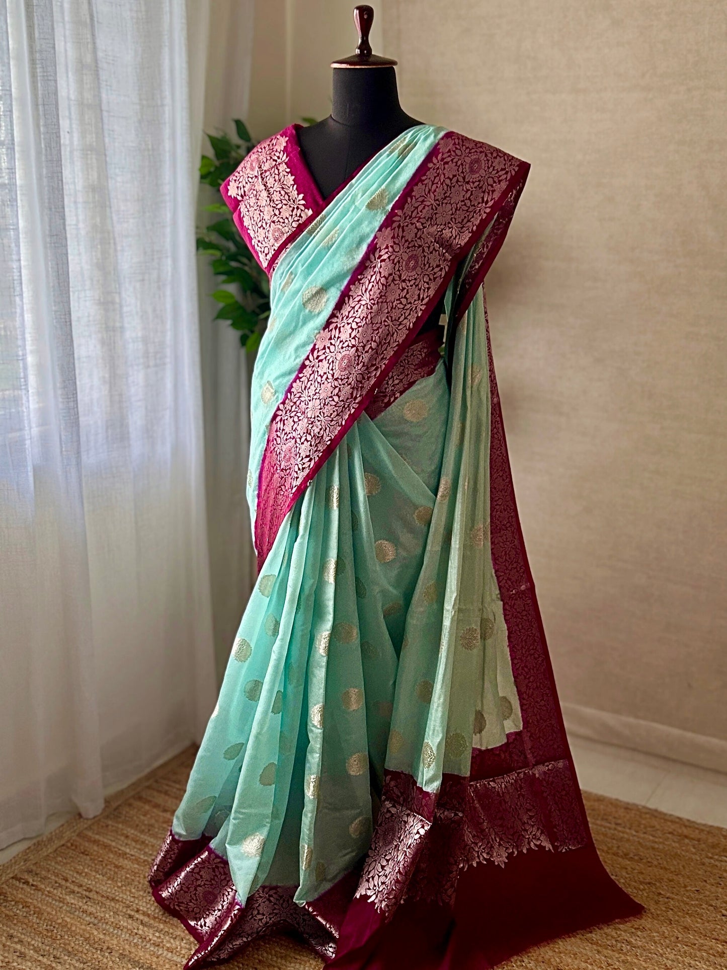 Powdered blue dupion silk saree full drape