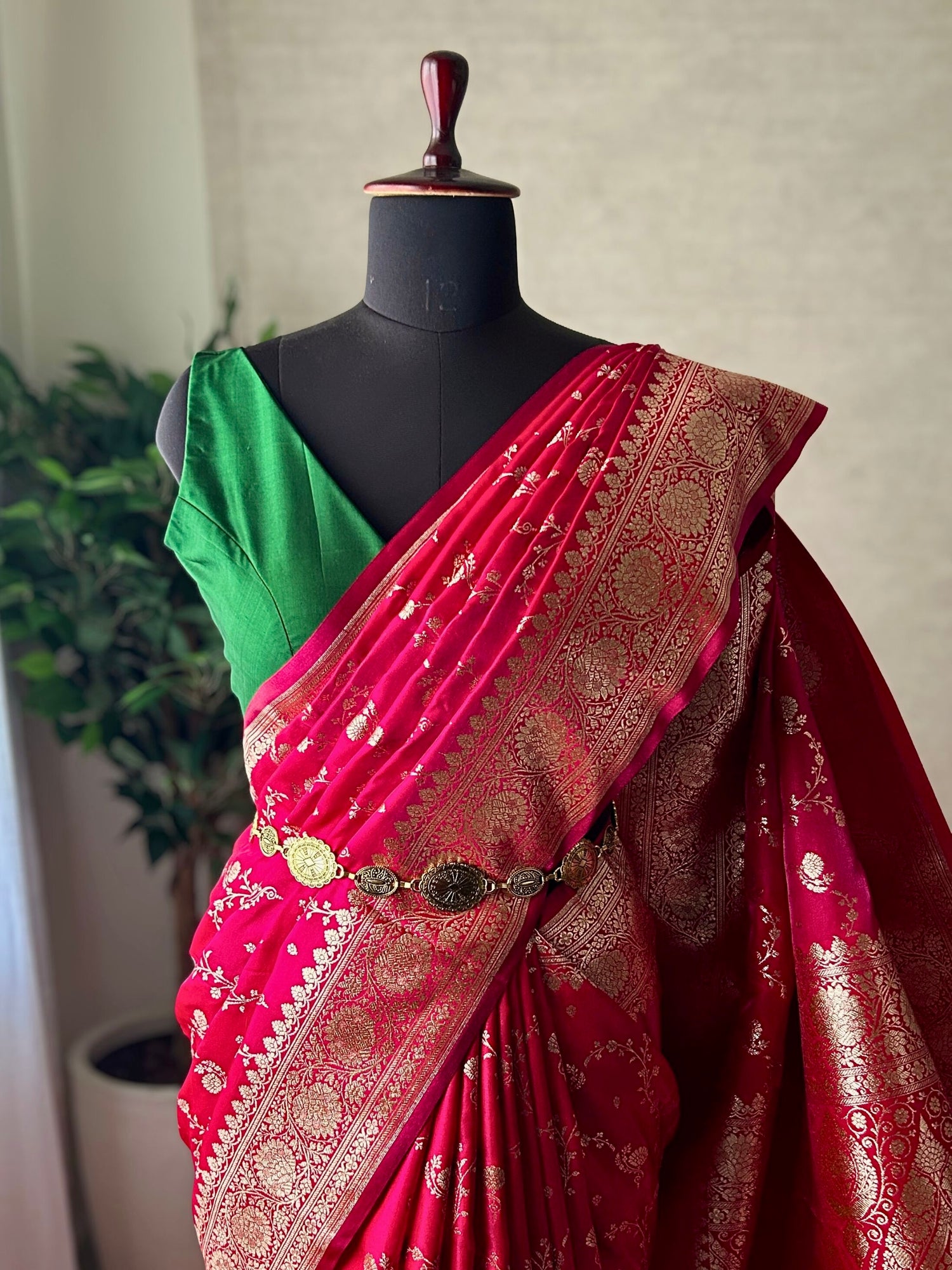 reddish pink satin Banarasi saree front drape antique zari