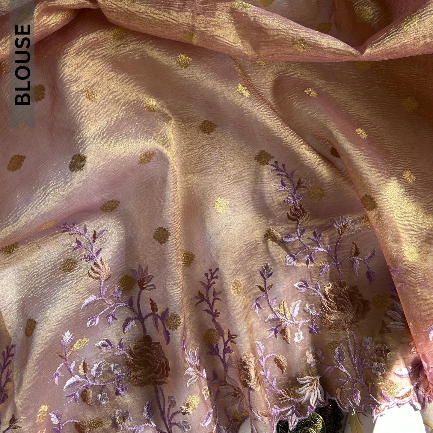 Ethereal Lavender Gold Banarasi Crush Tissue Floral Saree