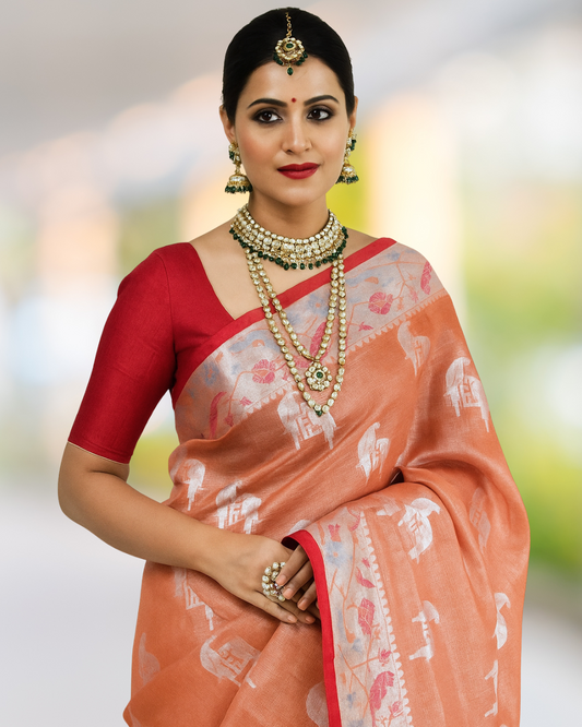 Pastel Orange with red and brocade blouse banarasi raw silk saree Niaura