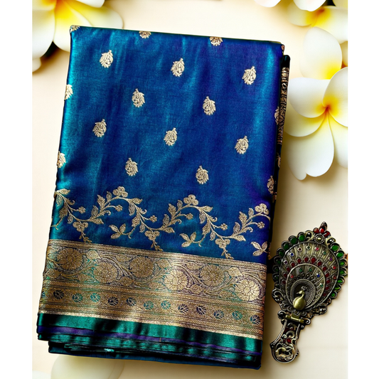 Peacock Blue satin banarasi silk saree Niaura