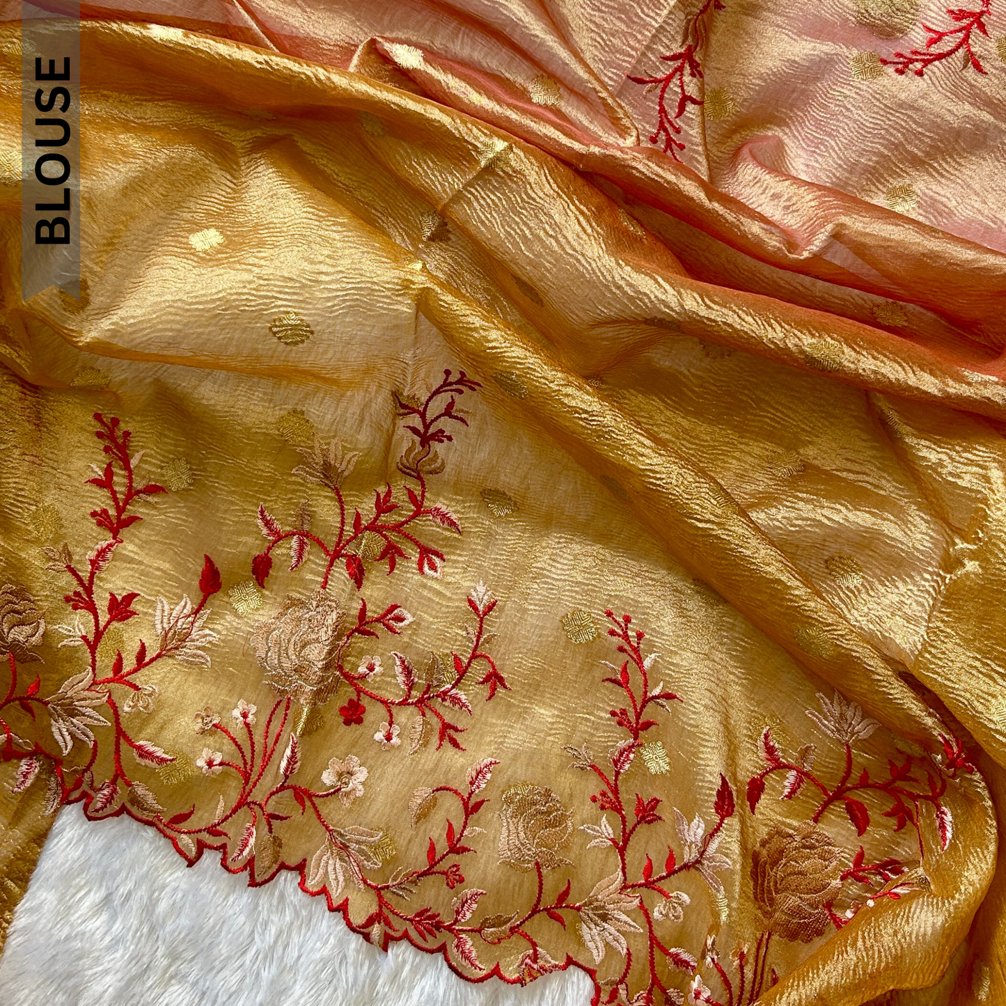 Golden Glory Banarasi Crush Tissue Floral Saree