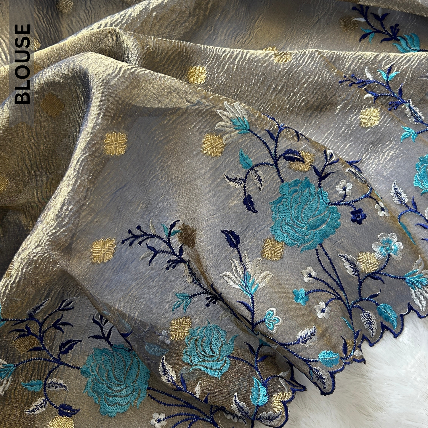 Moonlit Blue Banarasi Crush Tissue Floral Saree